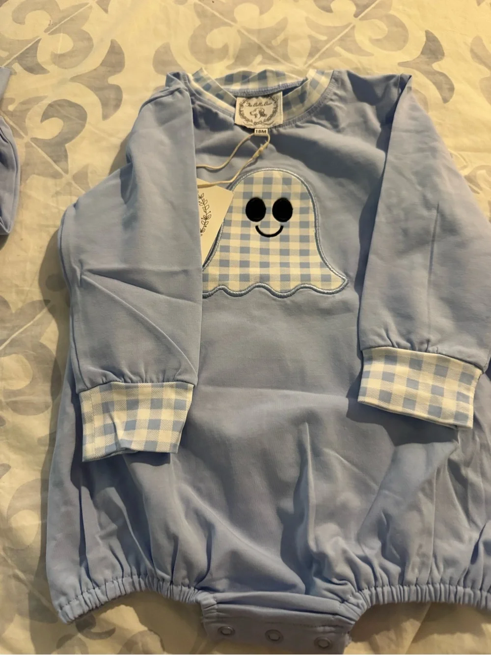 Bella Bean Baby Blue Ghost Appliqué Long-Sleeve Bubble Gingham Halloween